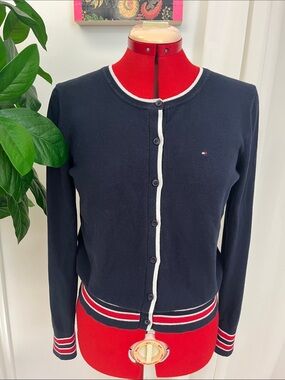 Tommy Hilfiger Navy Cardigan with Red and White Stripe Accents